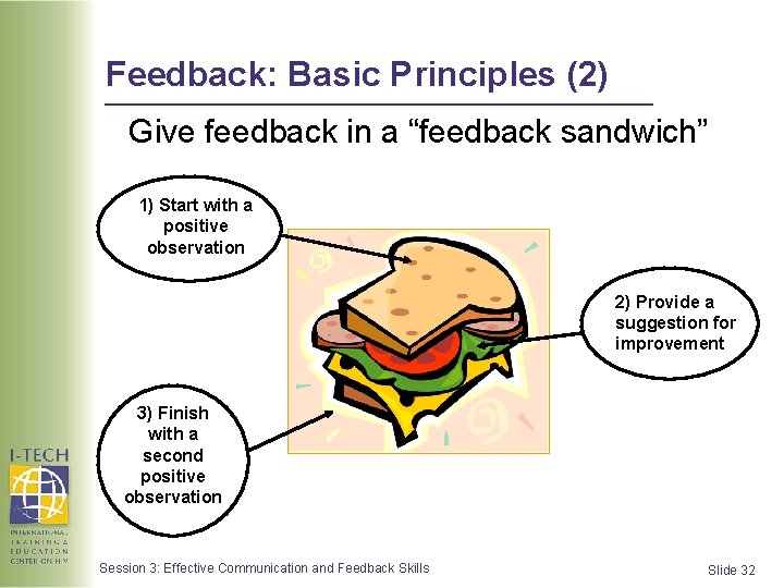 Feedback: Basic Principles (2) Give feedback in a “feedback sandwich” 1) Start with a Feedback: Basic Principles (2) Give feedback in a “feedback sandwich” 1) Start with a
