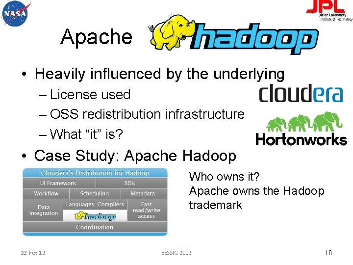 Apache • Heavily influenced by the underlying – License used – OSS redistribution infrastructure
