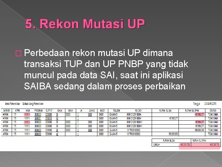 5. Rekon Mutasi UP � Perbedaan rekon mutasi UP dimana transaksi TUP dan UP