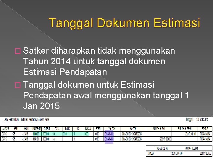 Tanggal Dokumen Estimasi � Satker diharapkan tidak menggunakan Tahun 2014 untuk tanggal dokumen Estimasi