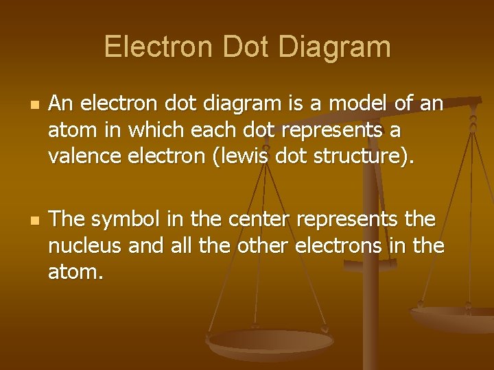 Electron Dot Diagram n n An electron dot diagram is a model of an