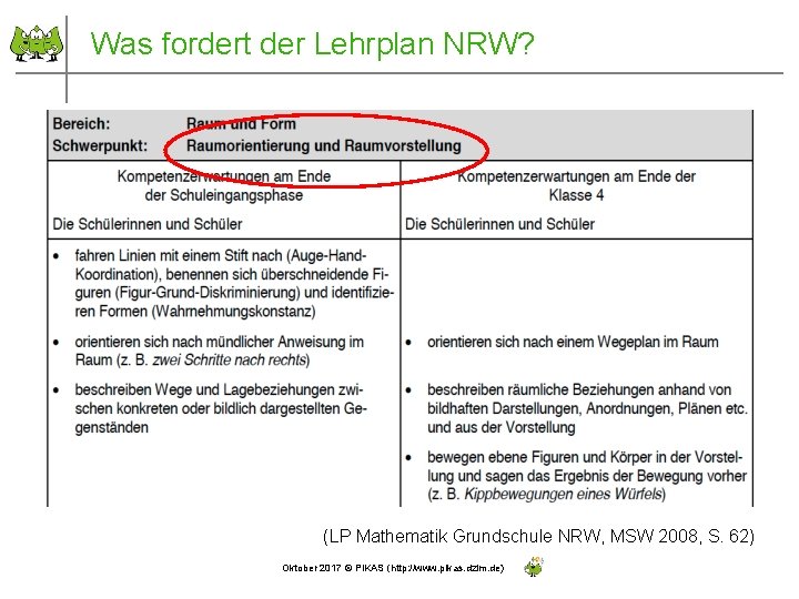 Was fordert der Lehrplan NRW? (LP Mathematik Grundschule NRW, MSW 2008, S. 62) Oktober