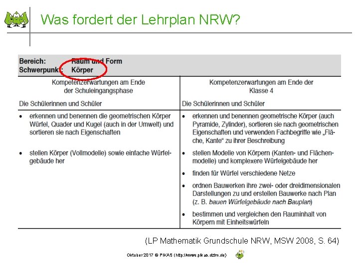 Was fordert der Lehrplan NRW? (LP Mathematik Grundschule NRW, MSW 2008, S. 64) Oktober