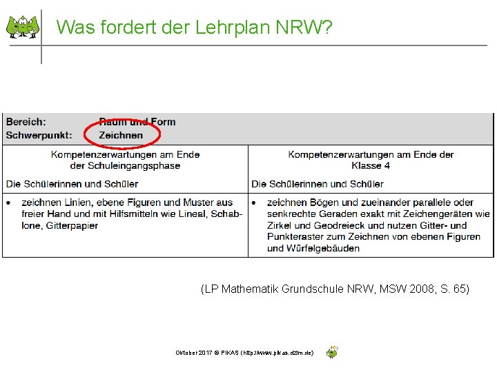 Was fordert der Lehrplan NRW? (LP Mathematik Grundschule NRW, MSW 2008, S. 65) Oktober