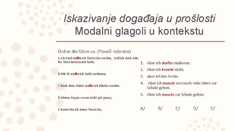 Iskazivanje događaja u prošlosti Modalni glagoli u kontekstu Ordne die Sätze zu. (Poveži rečenice)