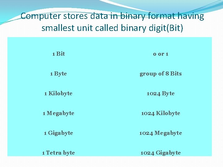 Computer stores data in binary format having smallest unit called binary digit(Bit) 1 Bit