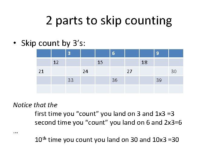 2 parts to skip counting • Skip count by 3’s: 3 6 12 9
