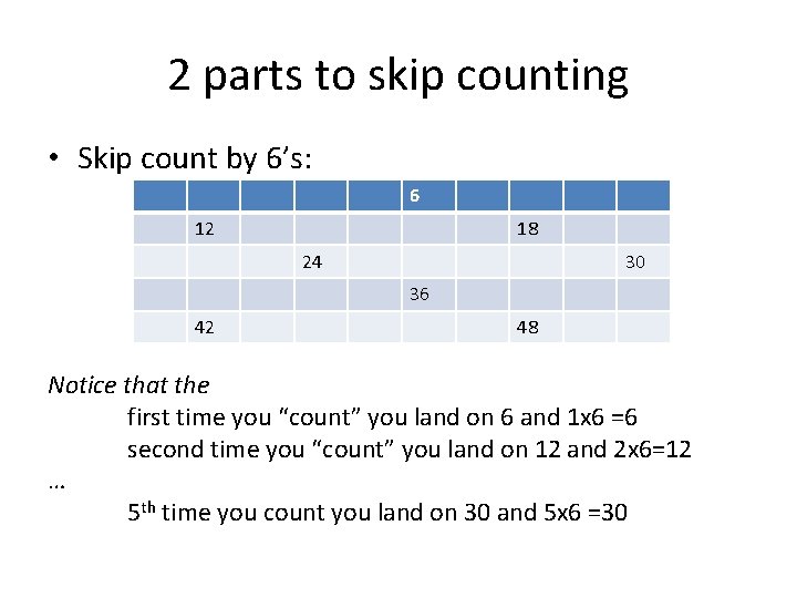 2 parts to skip counting • Skip count by 6’s: 6 12 18 24