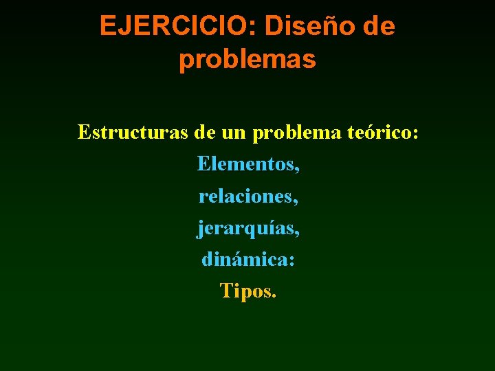 EJERCICIO: Diseño de problemas Estructuras de un problema teórico: Elementos, relaciones, jerarquías, dinámica: Tipos.