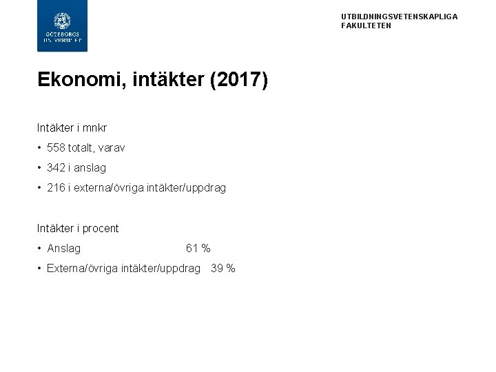 UTBILDNINGSVETENSKAPLIGA FAKULTETEN Ekonomi, intäkter (2017) Intäkter i mnkr • 558 totalt, varav • 342