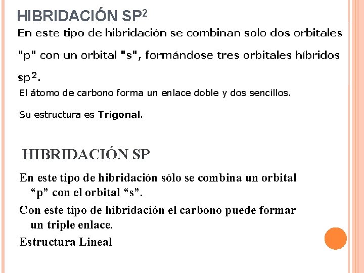 HIBRIDACIÓN SP 2 El átomo de carbono forma un enlace doble y dos sencillos.