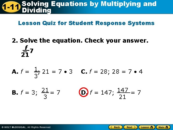 Solving Equations by Multiplying and 1 -11 Dividing Lesson Quiz for Student Response Systems
