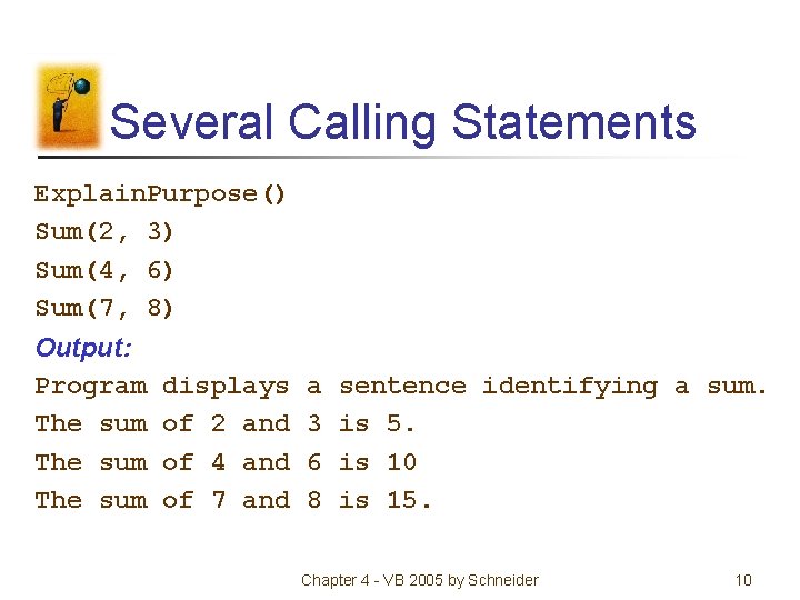 Several Calling Statements Explain. Purpose() Sum(2, 3) Sum(4, 6) Sum(7, 8) Output: Program The Several Calling Statements Explain. Purpose() Sum(2, 3) Sum(4, 6) Sum(7, 8) Output: Program The