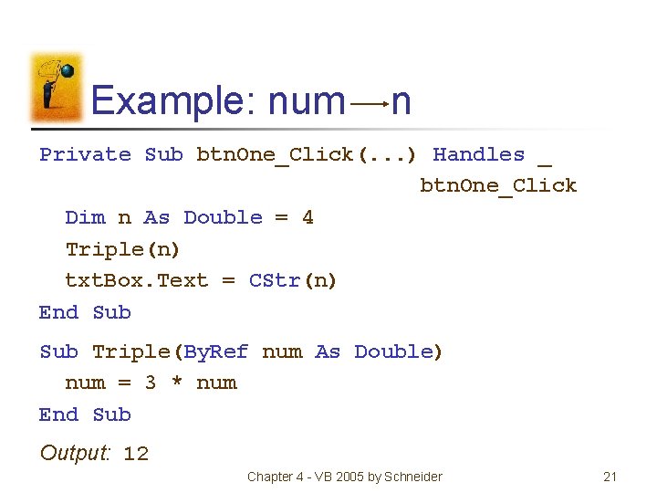 Example: num n Private Sub btn. One_Click(. . . ) Handles _ btn. One_Click Example: num n Private Sub btn. One_Click(. . . ) Handles _ btn. One_Click