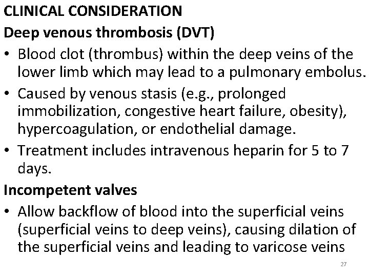 CLINICAL CONSIDERATION Deep venous thrombosis (DVT) • Blood clot (thrombus) within the deep veins