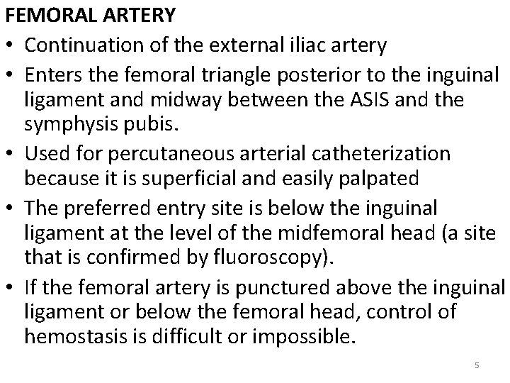 FEMORAL ARTERY • Continuation of the external iliac artery • Enters the femoral triangle