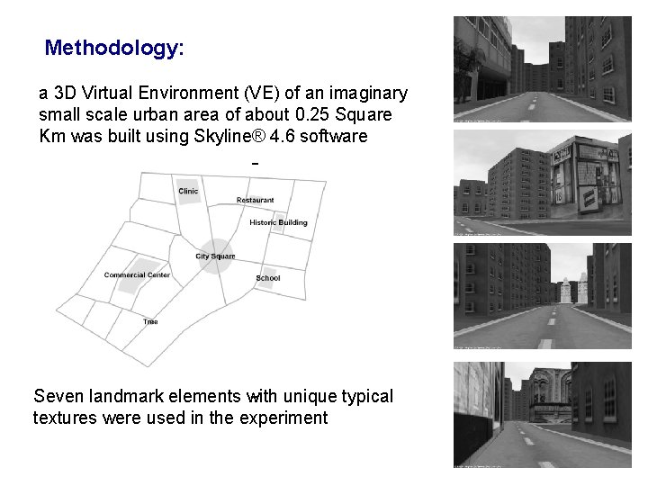 Methodology: a 3 D Virtual Environment (VE) of an imaginary small scale urban area