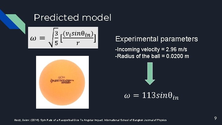 Predicted model Experimental parameters -Incoming velocity = 2. 96 m/s -Radius of the ball