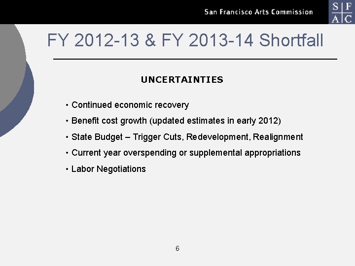 FY 2012 -13 & FY 2013 -14 Shortfall UNCERTAINTIES • Continued economic recovery •