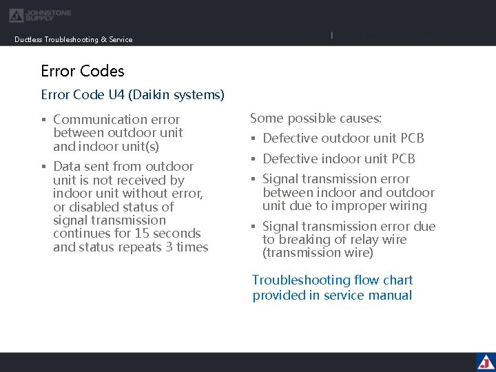 Ductless Troubleshooting & Service Error Codes Error Code U 4 (Daikin systems) § Communication