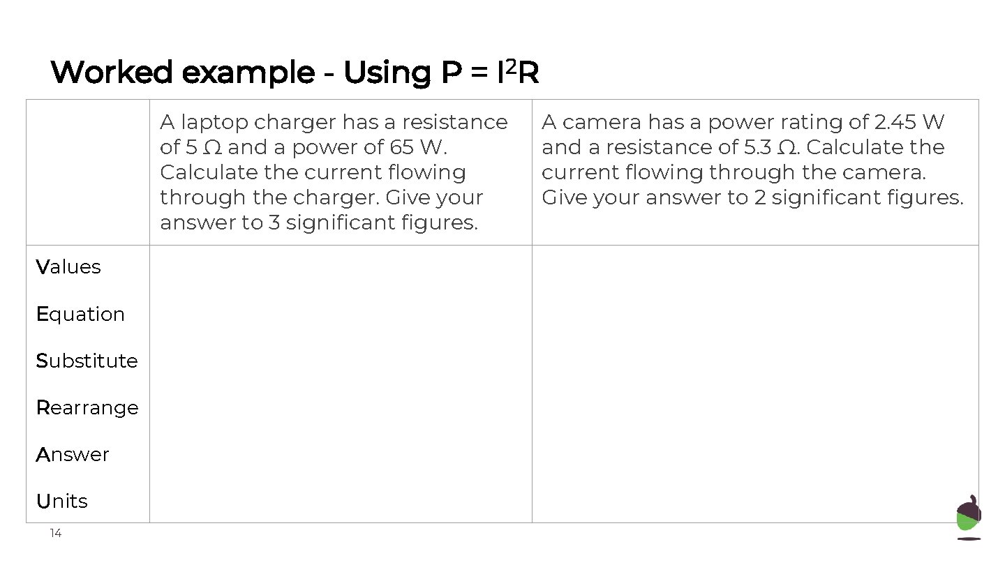 Worked example - Using P = I 2 R A laptop charger has a