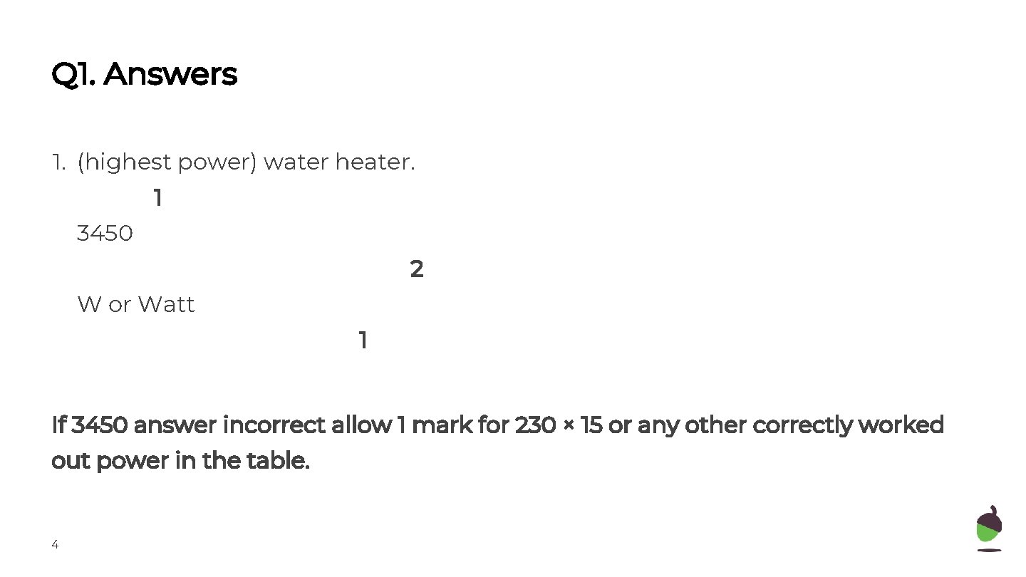 Q 1. Answers 1. (highest power) water heater. 1 3450 2 W or Watt