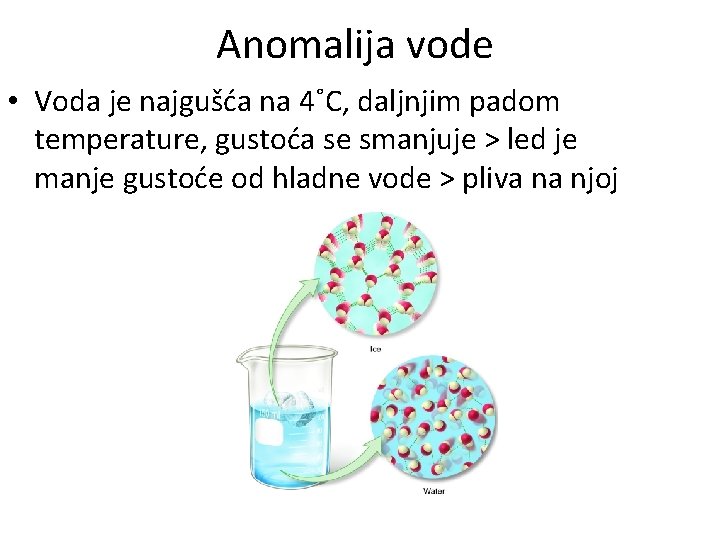 Anomalija vode • Voda je najgušća na 4˚C, daljnjim padom temperature, gustoća se smanjuje