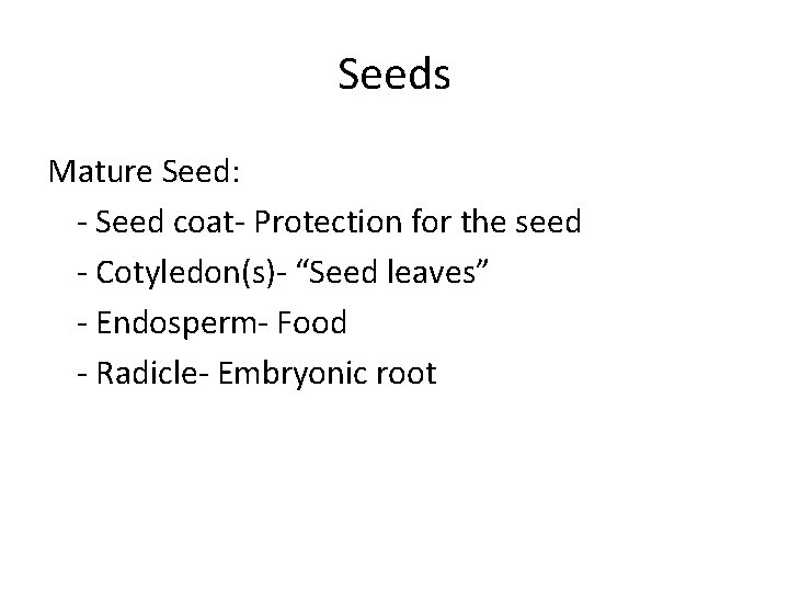 Seeds Mature Seed: - Seed coat- Protection for the seed - Cotyledon(s)- “Seed leaves” Seeds Mature Seed: - Seed coat- Protection for the seed - Cotyledon(s)- “Seed leaves”
