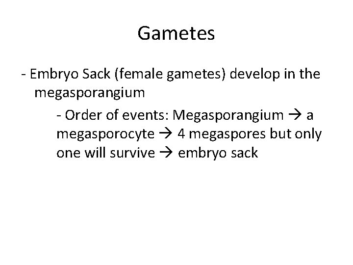 Gametes - Embryo Sack (female gametes) develop in the megasporangium - Order of events: