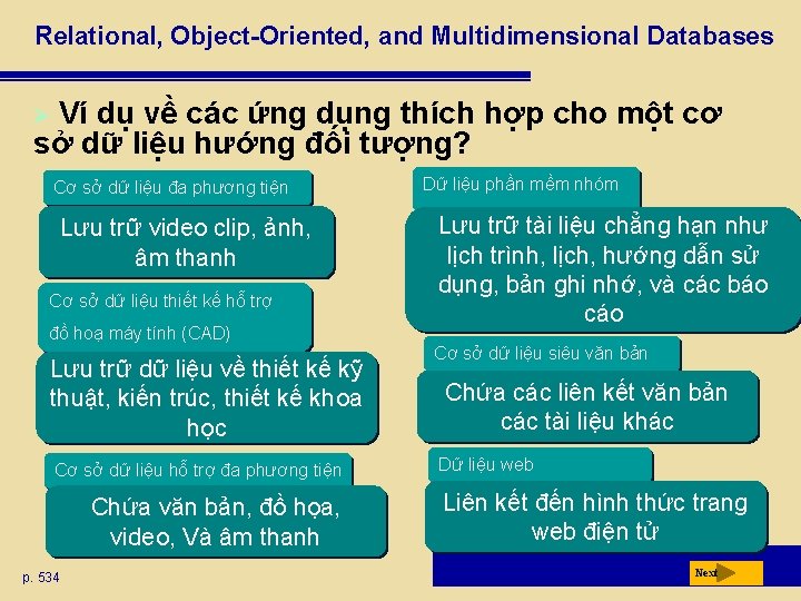Relational, Object-Oriented, and Multidimensional Databases Ví dụ về các ứng dụng thích hợp cho