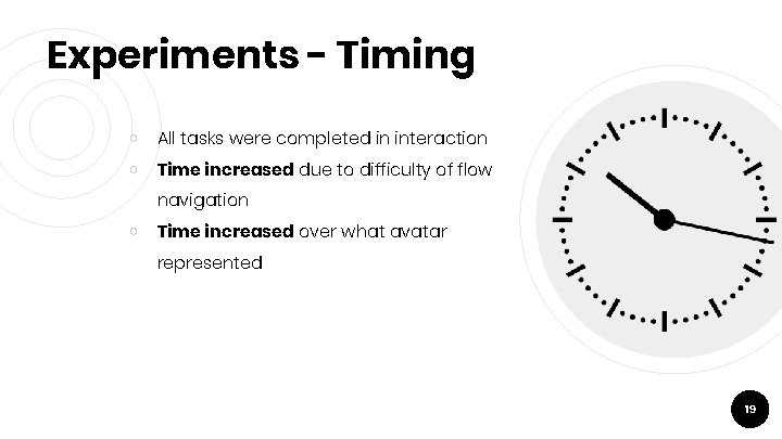 Experiments - Timing ￮ All tasks were completed in interaction ￮ Time increased due