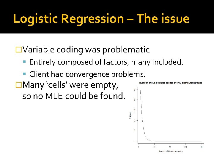 Logistic Regression – The issue �Variable coding was problematic Entirely composed of factors, many