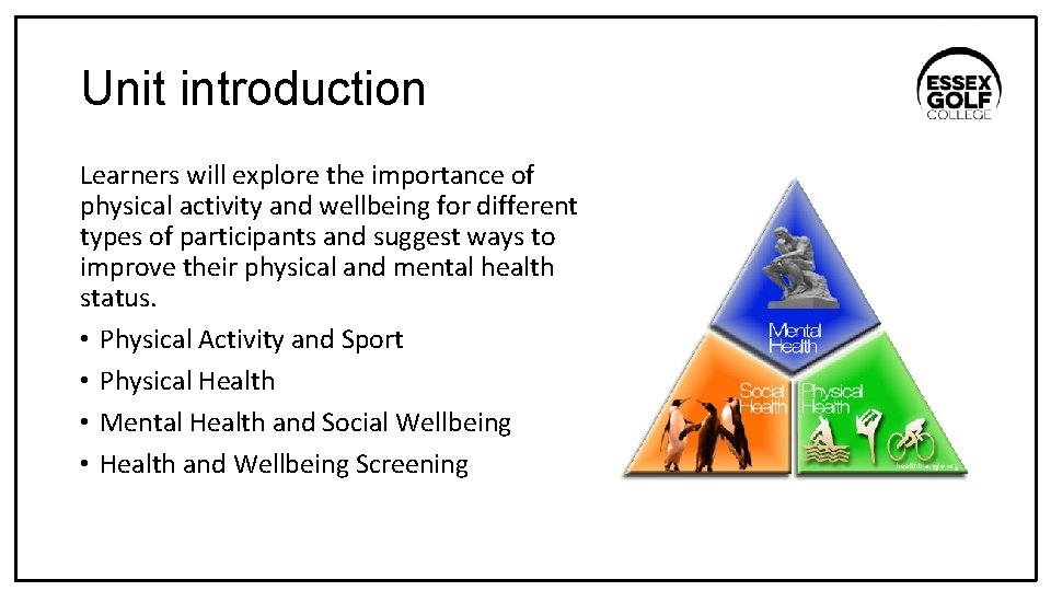 Unit introduction Learners will explore the importance of physical activity and wellbeing for different