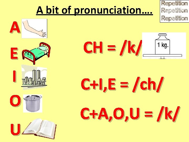 A E I O U A bit of pronunciation…. CH = /k/ C+I, E
