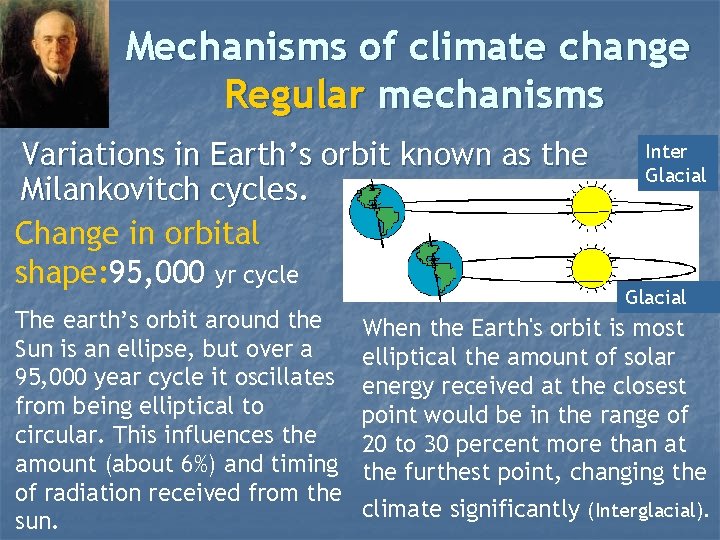 Mechanisms of climate change Regular mechanisms Variations in Earth’s orbit known as the Milankovitch