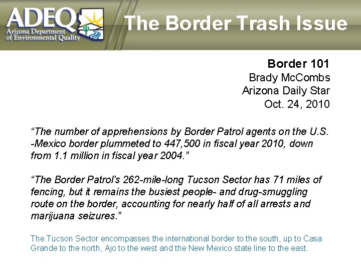 The Border Trash Issue Border 101 Brady Mc. Combs Arizona Daily Star Oct. 24,