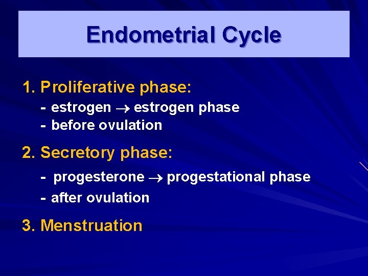 Endometrial Cycle 1. Proliferative phase: - estrogen phase - before ovulation 2. Secretory phase: