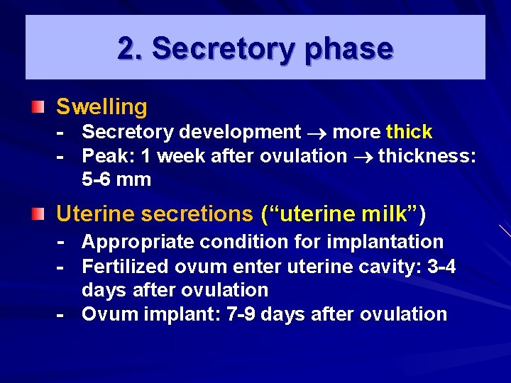 2. Secretory phase Swelling - Secretory development more thick - Peak: 1 week after