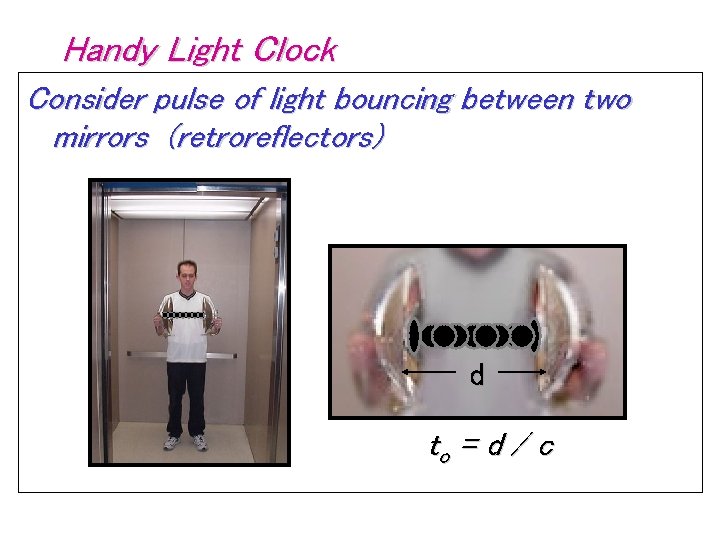 Handy Light Clock Consider pulse of light bouncing between two mirrors (retroreflectors) d to
