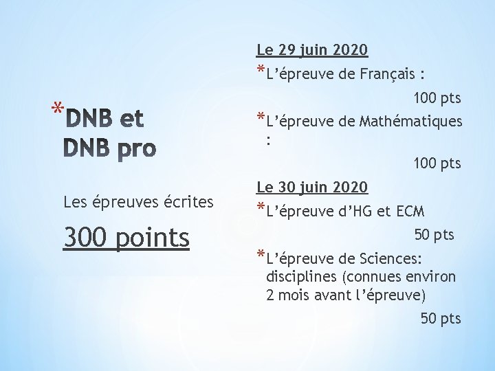 Le 29 juin 2020 *L’épreuve de Français : * 100 pts *L’épreuve de Mathématiques