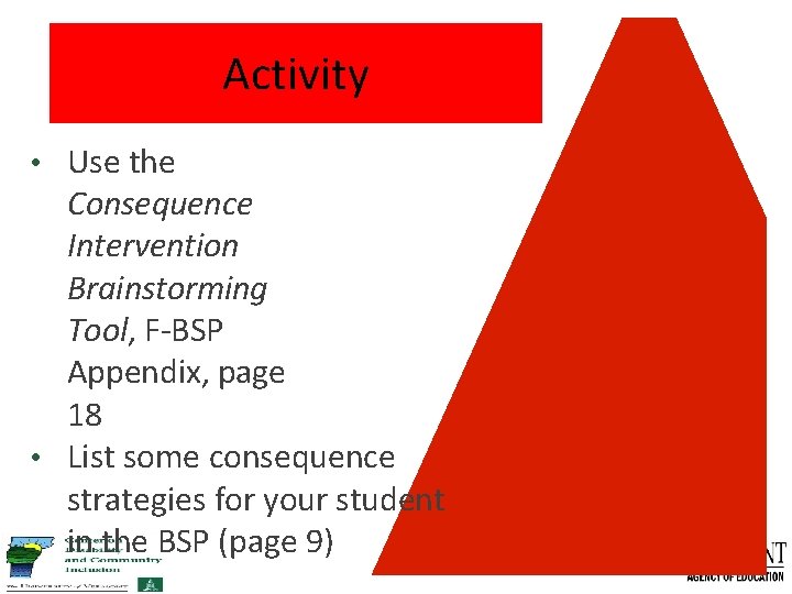 Activity • Use the Consequence Intervention Brainstorming Tool, F-BSP Appendix, page 18 • List