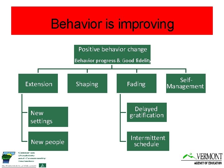 Behavior is improving Positive behavior change Behavior progress & Good fidelity Extension New settings