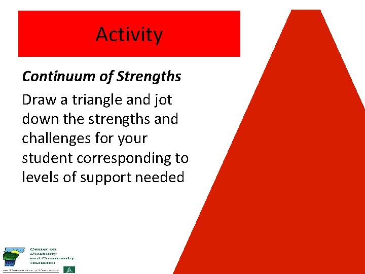 Activity Continuum of Strengths Draw a triangle and jot down the strengths and challenges