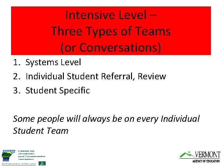 Intensive Level – Three Types of Teams (or Conversations) 1. Systems Level 2. Individual