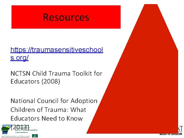 Resources https: //traumasensitiveschool s. org/ NCTSN Child Trauma Toolkit for Educators (2008) National Council