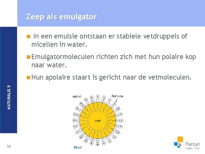 Zeep als emulgator n In een emulsie ontstaan er stabiele vetdruppels of micellen in