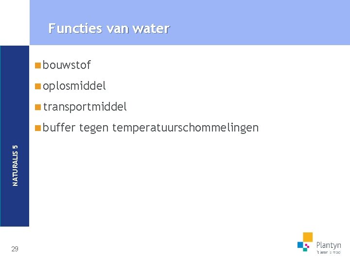 Functies van water n bouwstof n oplosmiddel n transportmiddel NATURALIS 5 n buffer 29