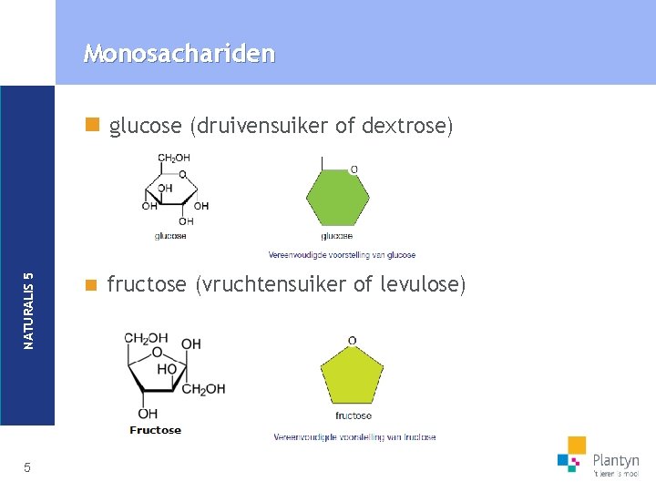 Monosachariden NATURALIS 5 n glucose (druivensuiker of dextrose) 5 n fructose (vruchtensuiker of levulose)