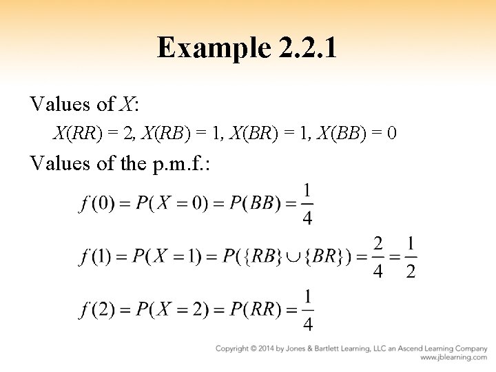 Example 2. 2. 1 Values of X: X(RR) = 2, X(RB) = 1, X(BR)