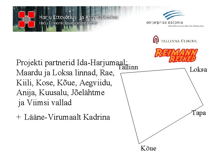 Projekti partnerid Ida-Harjumaal: Tallinn Maardu ja Loksa linnad, Rae, Kiili, Kose, Kõue, Aegviidu, Anija,